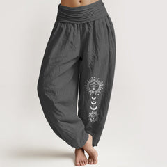 Buddha Stones Bohemian Sun Moon Pattern Women's Elastic Waist Harem Pure Cotton Pants - DimGray - US16，UK/AU20，EU48 (3XL) - image 0