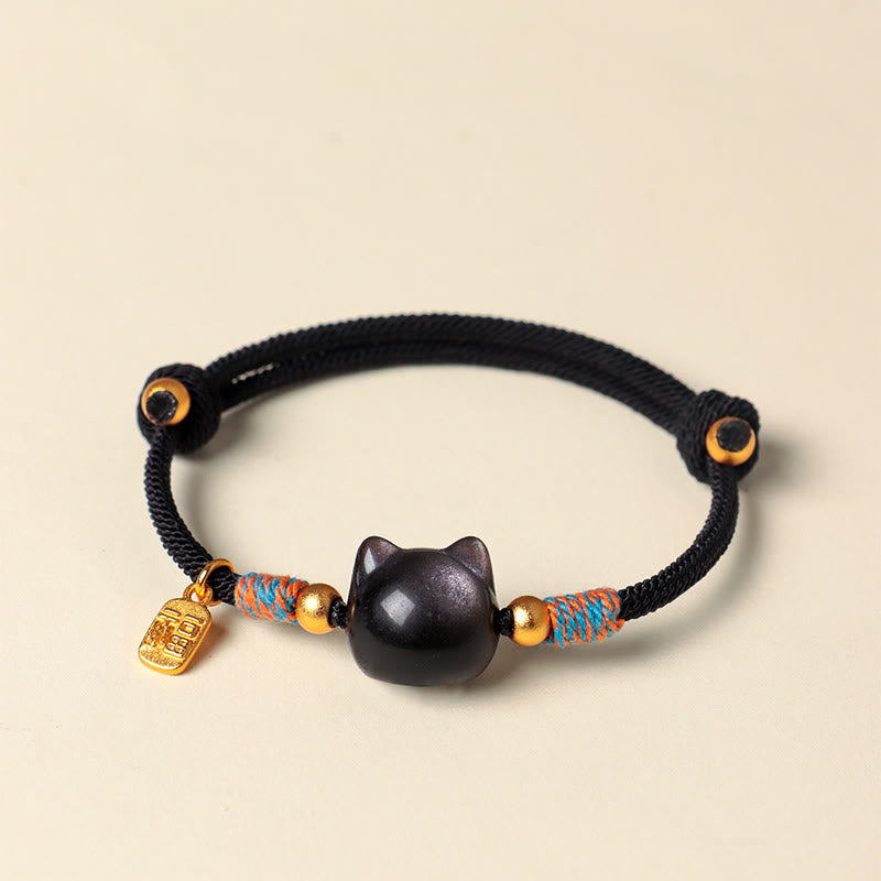 Buddha Stones Cat Fu Character Silver Sheen Obsidian Pink Crystal String Protection Bracelet - image 2