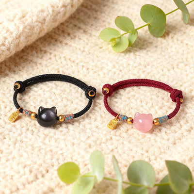 Buddha Stones Cat Fu Character Silver Sheen Obsidian Pink Crystal String Protection Bracelet - image 16
