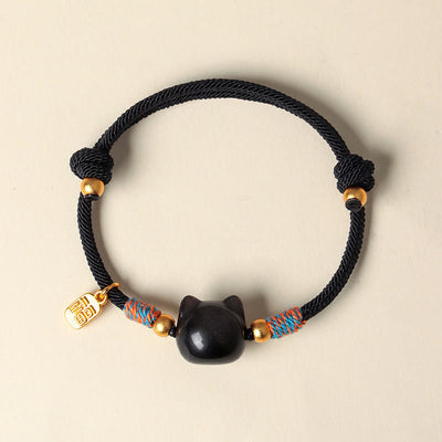 Buddha Stones Cat Fu Character Silver Sheen Obsidian Pink Crystal String Protection Bracelet - image 3