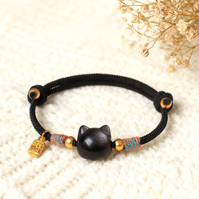 Buddha Stones Cat Fu Character Silver Sheen Obsidian Pink Crystal String Protection Bracelet - Silver Sheen Obsidian Black Rope(Wrist Circumference:15-18cm) - image 0