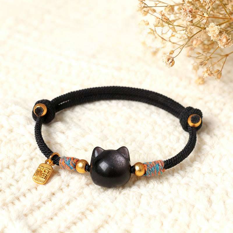 Buddha Stones Cat Fu Character Silver Sheen Obsidian Pink Crystal String Protection Bracelet - Silver Sheen Obsidian Black Rope(Wrist Circumference:15-18cm) - image 0