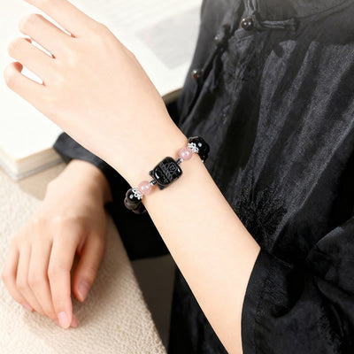 Buddha Stones Cat Silver Sheen Obsidian Strawberry Quartz Protection Bracelet - image 4