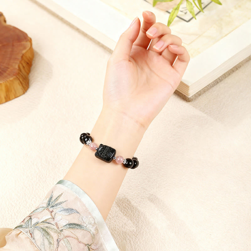 Buddha Stones Cat Silver Sheen Obsidian Strawberry Quartz Protection Bracelet - image 8