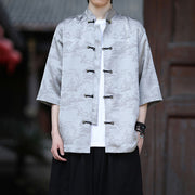 Foviel Summer Pine Tree Mountain Pattern Half Sleeve Frog-Button Design Men's Shirt