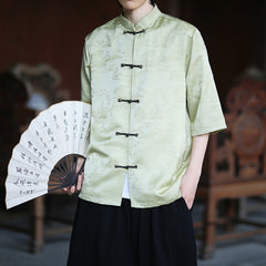 Buddha Stones Summer Pine Tree Mountain Pattern Half Sleeve Frog-Button Design Men's Shirt - PaleGreen - US/UK/AU46，EU56 (5XL) - image 0