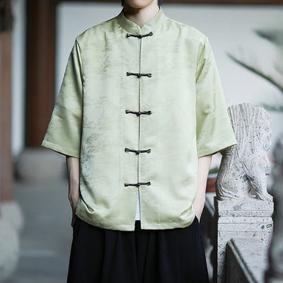 Buddha Stones Summer Pine Tree Mountain Pattern Half Sleeve Frog-Button Design Men's Shirt - image 4