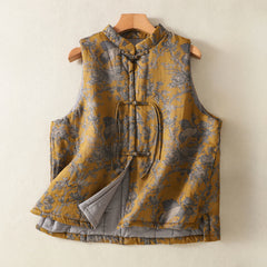 Buddha Stones Crane Flowers Branches Frog-Button Pattern Cotton Women's Sleeveless Vest Waistcoat - Goldenrod - US8-10，UK/AU12-14，EU40-42 (2XL) - image 0