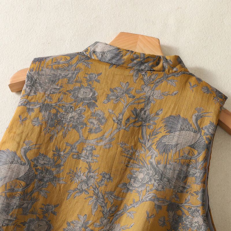 Buddha Stones Crane Flowers Branches Frog-Button Pattern Cotton Women's Sleeveless Vest Waistcoat - image 5
