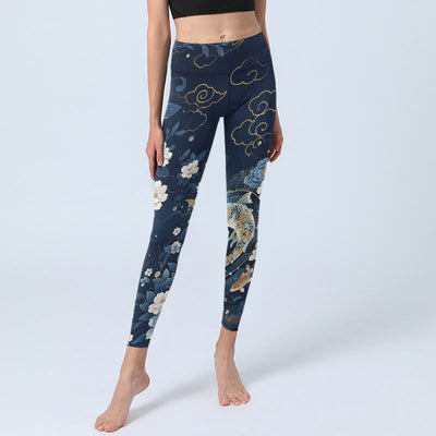 Buddha Stones Blue White Peony Flowers Koi Fish Print Gym Leggings Women's Yoga Pants - image 5