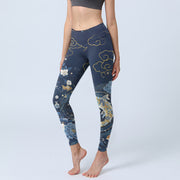 Foviel Blue White Peony Flowers Koi Fish Print Gym Leggings Women's Yoga Pants