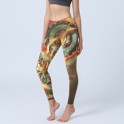 Buddha Stones Dunhuang Flying Apsaras Mandala Print Gym Leggings Women's Yoga Pants - DarkKhaki - US18，UK/AU22，EU50 (4XL) - image 0