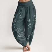 Foviel reine Baumwolle Circular Lines Libelle Damen elastische Taille Harem Hose