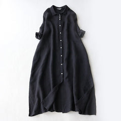 Buddha Stones Fall Solid Buttons Down Lapel Design Three Quarter Sleeve Women's Midi Dress With Pockets - Black - US12，UK/AU16，EU44 (2XL) - image 0