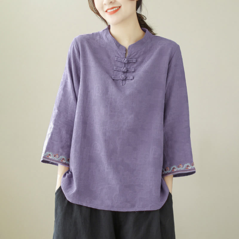 Buddha Stones Jacquard Frog-button Stand Collar Embroidered Three Quarter Sleeve Design Women's Cotton Shirt - image 4