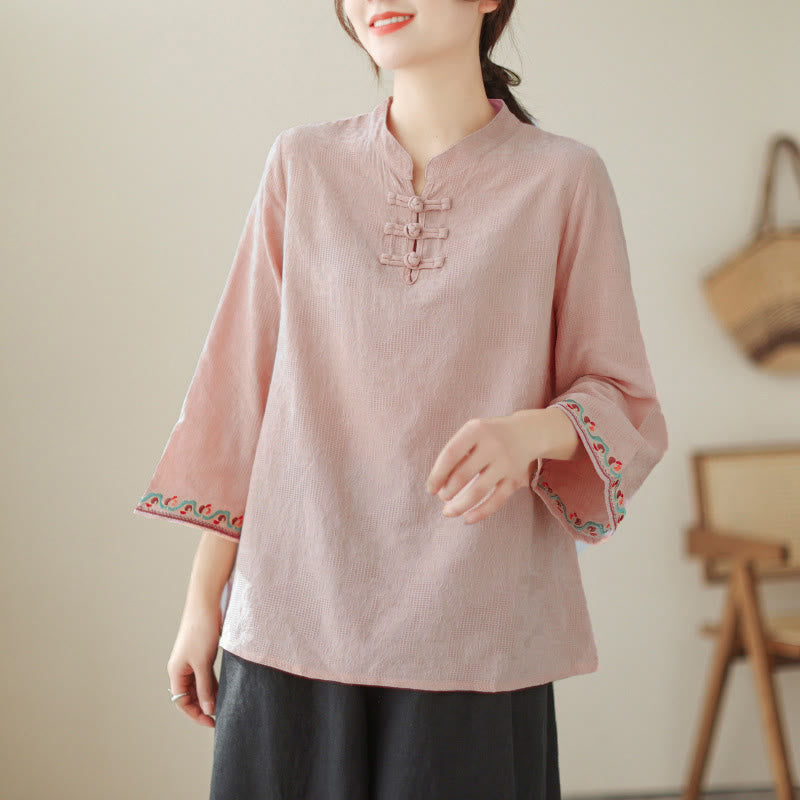 Buddha Stones Jacquard Frog-button Stand Collar Embroidered Three Quarter Sleeve Design Women's Cotton Shirt - image 26