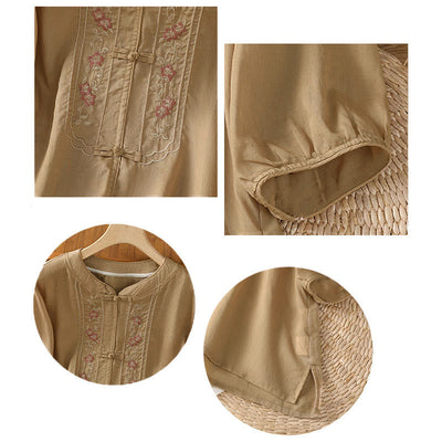 Buddha Stones Frog-button Stand Collar Embroidered Flower Elastic Cuff Three Quarter Sleeve Women's Shirt - image 14