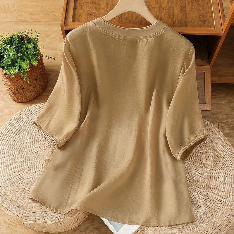 Buddha Stones Frog-button Stand Collar Embroidered Flower Elastic Cuff Three Quarter Sleeve Women's Shirt - image 7