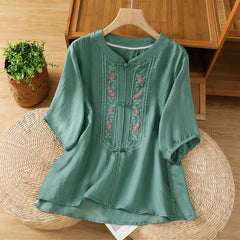 Buddha Stones Frog-button Stand Collar Embroidered Flower Elastic Cuff Three Quarter Sleeve Women's Shirt - LightSeaGreen - US8-10，UK/AU12-14，EU40-42 (2XL) - image 0