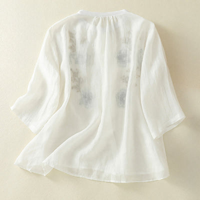 Buddha Stones Embroidery Pleated Design Stand Collar Three Quarter Sleeve Side Slit Hem Women's Shirt - image 17