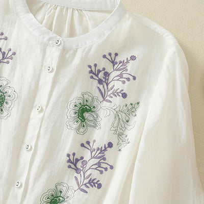 Buddha Stones Embroidery Pleated Design Stand Collar Three Quarter Sleeve Side Slit Hem Women's Shirt - image 20