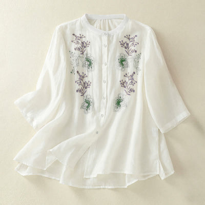 Buddha Stones Embroidery Pleated Design Stand Collar Three Quarter Sleeve Side Slit Hem Women's Shirt - White - US8-10，UK/AU12-14，EU40-42 (2XL) - image 16