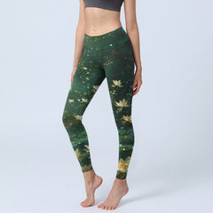 Buddha Stones Dreamlike Lotus Flower Leaf Print Gym Leggings Women's Yoga Pants - DarkGreen - US18，UK/AU22，EU50 (4XL) - image 0