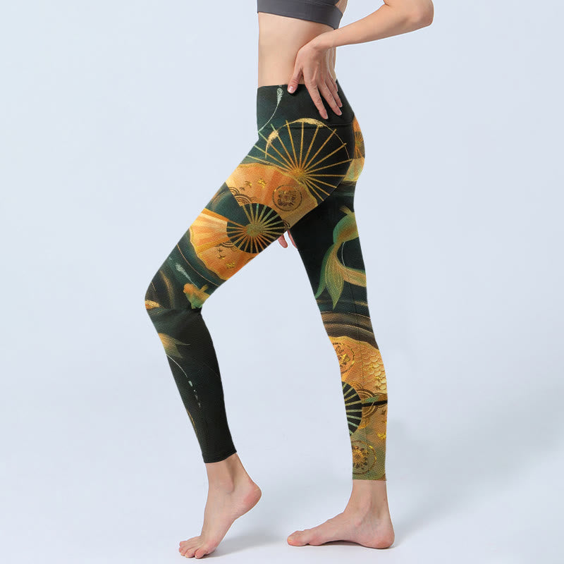 Buddha Stones Gorgeous Folding Fan Koi Fish Print Gym Leggings Women's Yoga Pants - image 2