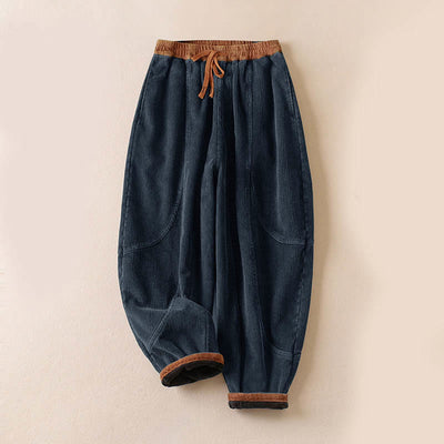 Buddha Stones Color Contrast Corduroy Cotton Women's Thermal Fleece-Lined Harem Pants With Pockets - Fleece-Lined Version - SteelBlue - US16，UK/AU20，EU48 (3XL) - image 21