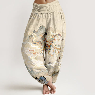 Buddha Stones Cotton Gorgeous Mountain Horse Cloud Pattern Women's Elastic Waist Harem Pants - LightGoldenrodYellow - US16，UK/AU20，EU48 (3XL) - image 5