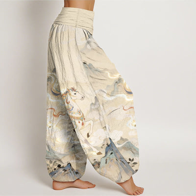 Buddha Stones Cotton Gorgeous Mountain Horse Cloud Pattern Women's Elastic Waist Harem Pants - image 7