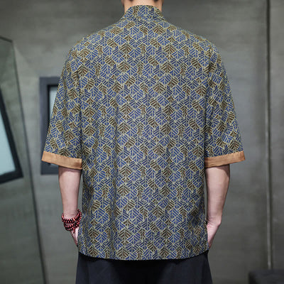 Buddha Stones Summer Colorful Floral Leaves Pattern Short Sleeve Frog-button Design Men's Cotton Shirt - image 22