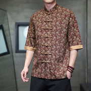Foviel Summer Colorful Floral Leaves Pattern Short Sleeve Frog-button Design Men's Cotton Shirt