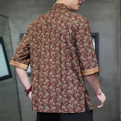 Buddha Stones Summer Colorful Floral Leaves Pattern Short Sleeve Frog-button Design Men's Cotton Shirt - image 3