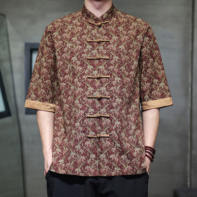 Buddha Stones Summer Colorful Floral Leaves Pattern Short Sleeve Frog-button Design Men's Cotton Shirt - image 2