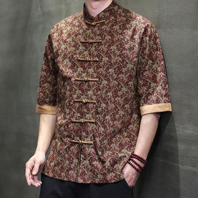 Buddha Stones Summer Colorful Floral Leaves Pattern Short Sleeve Frog-button Design Men's Cotton Shirt - image 5