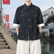 Foviel Summer Crane Pine Tree Pattern Tang Suit Men's Frog-Button Half Sleeve Cotton Shirt With Pockets