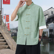 Foviel Summer Crane Pine Tree Pattern Tang Suit Men's Frog-Button Half Sleeve Cotton Shirt With Pockets