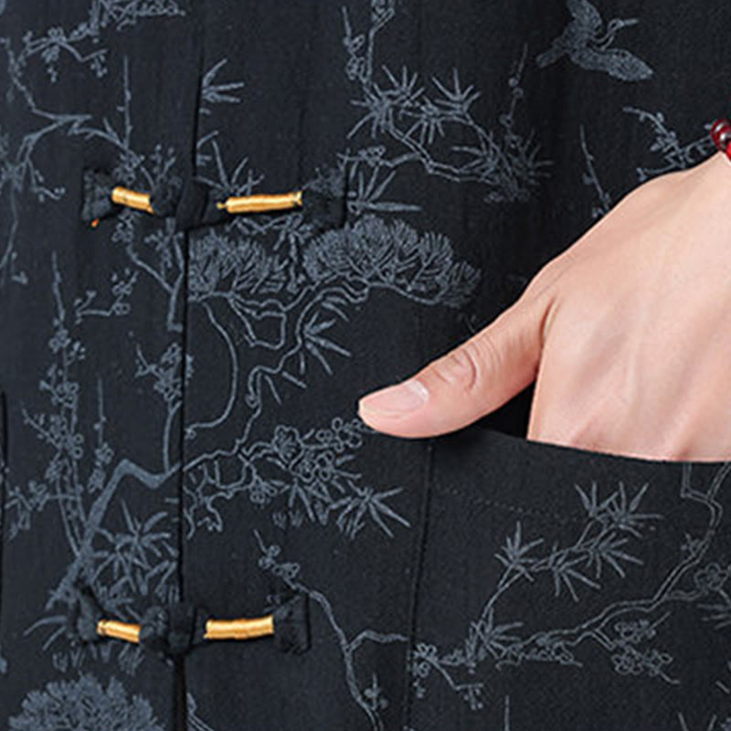 Buddha Stones Summer Crane Pine Tree Pattern Tang Suit Men's Frog-Button Half Sleeve Cotton Shirt With Pockets - image 4
