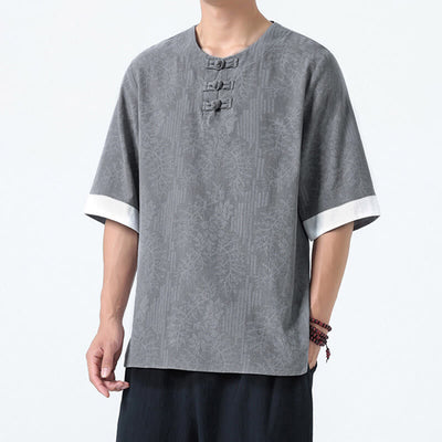 Buddha Stones Summer Flowers Grass Pattern Tang Suit Men's Frog-Button Half Sleeve Cotton Shirt - LightGrey - US/UK/AU46，EU56 (5XL) - image 3