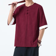 Foviel Summer Flowers Grass Pattern Tang Suit Men's Frog-Button Half Sleeve Cotton Shirt