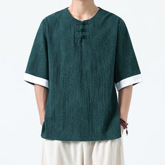 Buddha Stones Summer Flowers Grass Pattern Tang Suit Men's Frog-Button Half Sleeve Cotton Shirt - DarkCyan - US/UK/AU46，EU56 (5XL) - image 0