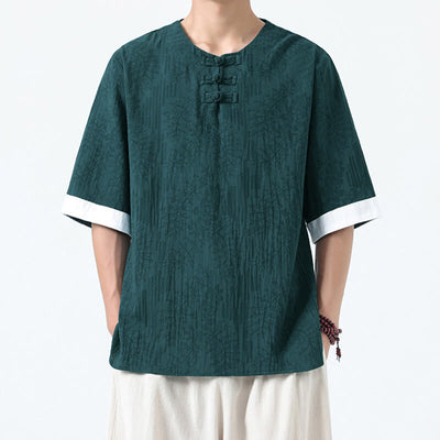 Buddha Stones Summer Flowers Grass Pattern Tang Suit Men's Frog-Button Half Sleeve Cotton Shirt - DarkCyan - US/UK/AU46，EU56 (5XL) - image 0