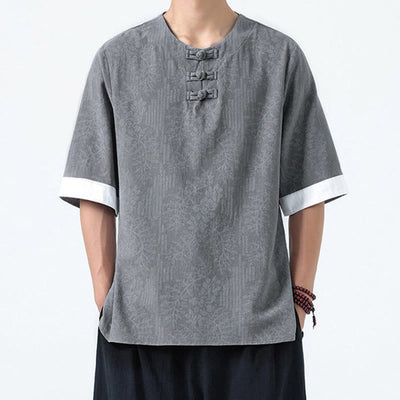 Buddha Stones Summer Flowers Grass Pattern Tang Suit Men's Frog-Button Half Sleeve Cotton Shirt - image 4