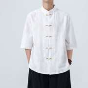 Foviel Summer Dragon Auspicious Clouds Pattern Tang Suit Men's Frog-Button Half Sleeve Cotton Shirt
