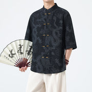 Foviel Summer Dragon Auspicious Clouds Pattern Tang Suit Men's Frog-Button Half Sleeve Cotton Shirt