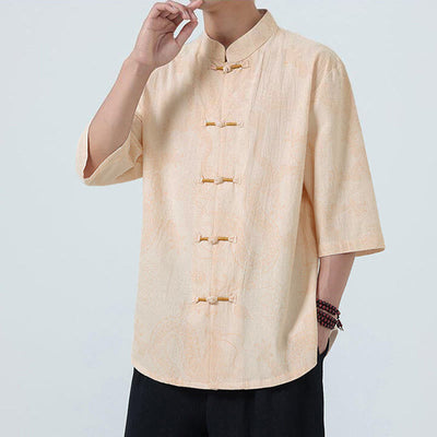Buddha Stones Summer Dragon Auspicious Clouds Pattern Tang Suit Men's Frog-Button Half Sleeve Cotton Shirt - image 10
