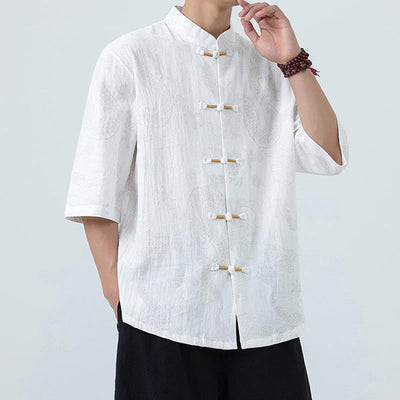 Buddha Stones Summer Dragon Auspicious Clouds Pattern Tang Suit Men's Frog-Button Half Sleeve Cotton Shirt - image 17