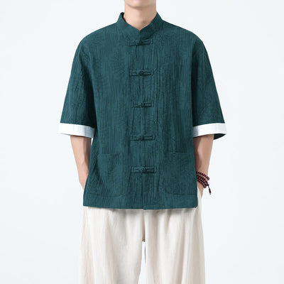 Buddha Stones Summer Flowers Grass Pattern Tang Suit Men's Frog-Button Half Sleeve Cotton Shirt With Pockets - image 17