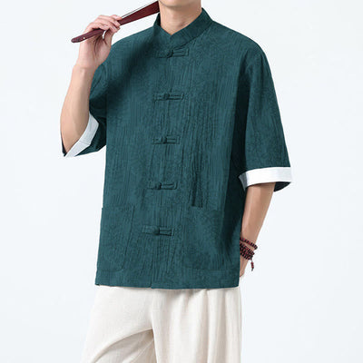 Buddha Stones Summer Flowers Grass Pattern Tang Suit Men's Frog-Button Half Sleeve Cotton Shirt With Pockets - image 19